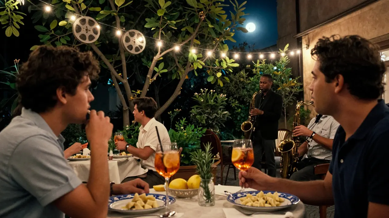 A secret garden at night with fairy lights, film reels, and diners enjoying food under fig trees in Rome.