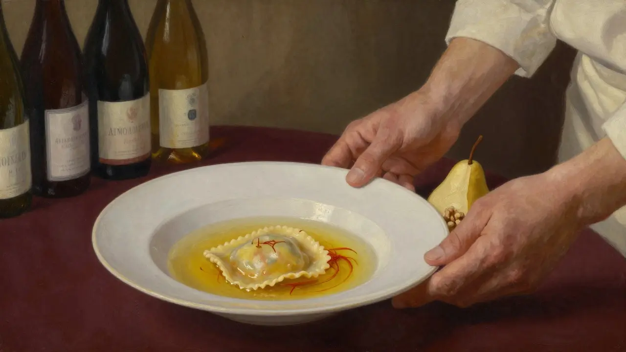 A single raviolo in broth on a wooden table, illuminated by soft light in an intimate, unadorned dining room.