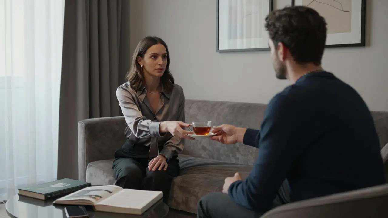 A woman offers tea to a guest in a stylish Milan apartment with natural light.