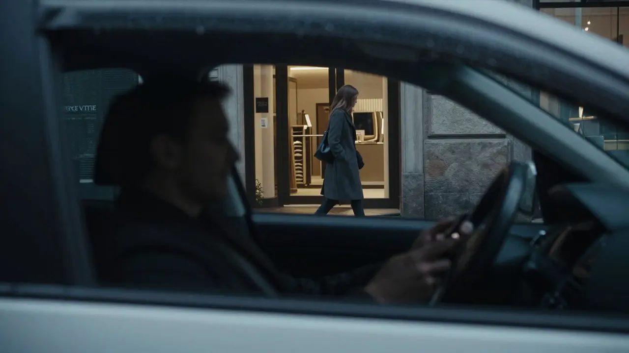A woman walking away from a hotel in rainy Milan at night, anonymous and dignified.