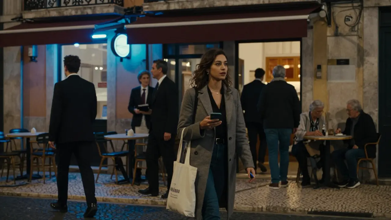 A woman walking confidently through a Lisbon street at night, blending into the urban crowd.