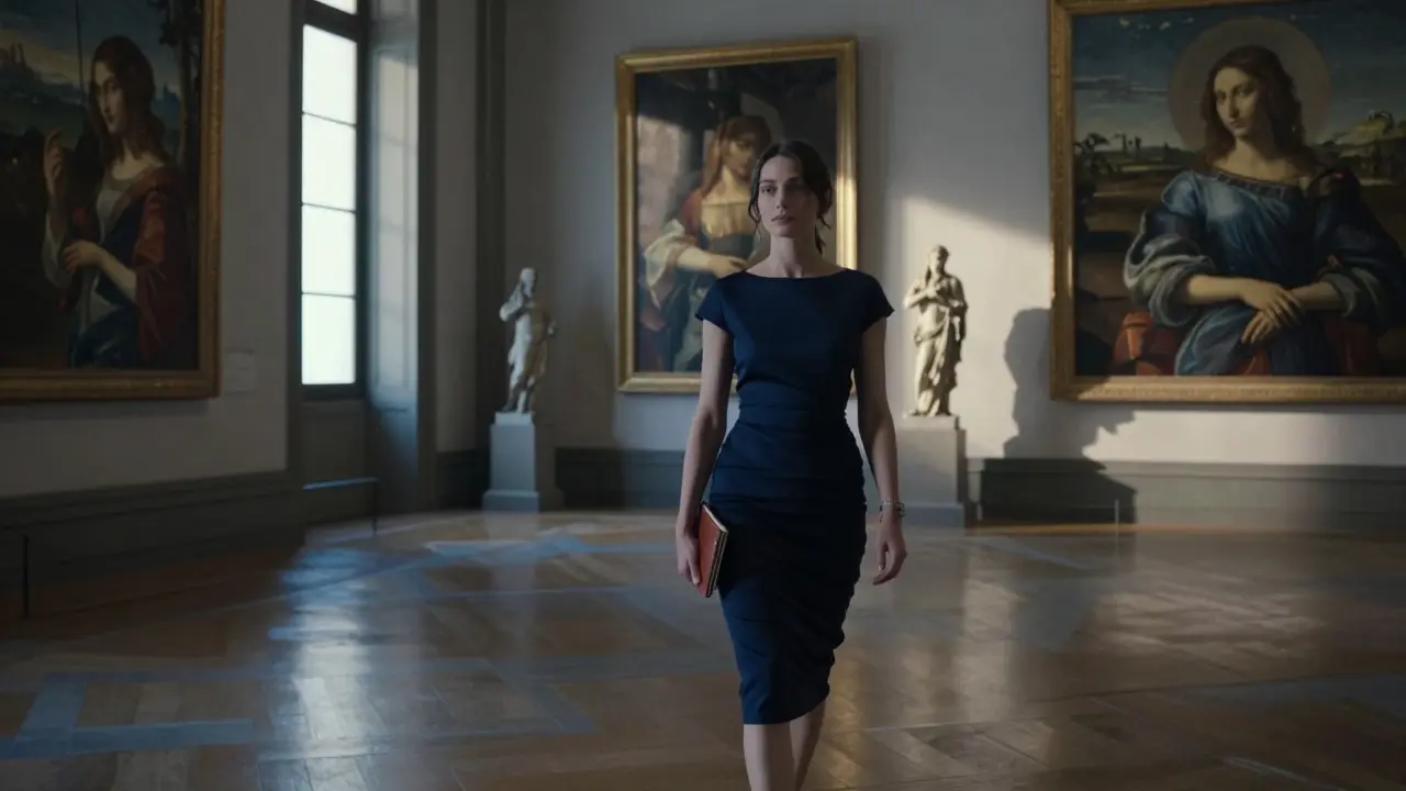 A woman walks alone through the Uffizi Gallery at dusk, pausing before a Renaissance painting.