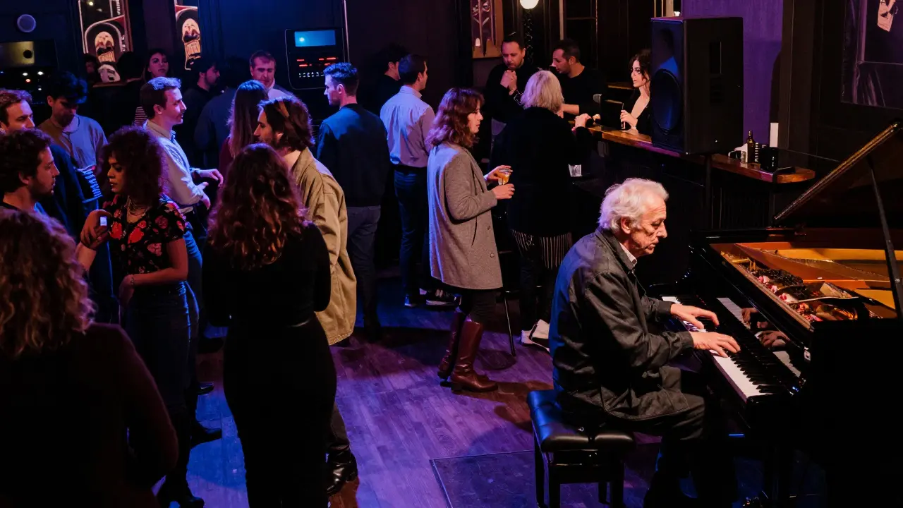 An elderly jazz pianist playing at a small stage while a diverse crowd dances silently in a dimly lit basement club.