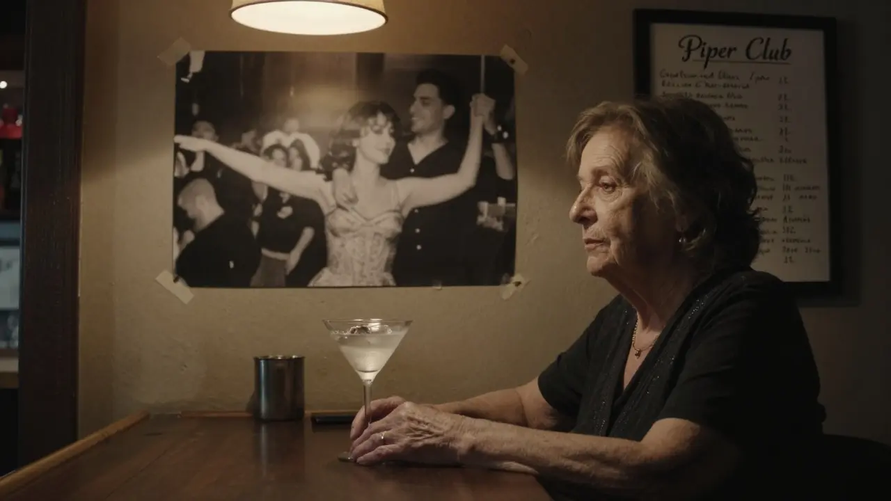 An elderly regular at the bar, gazing at a new photo being added to the wall of cherished memories.