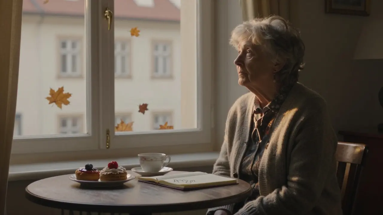An elderly woman in Prague setting tea for two, an empty chair waiting by the window.