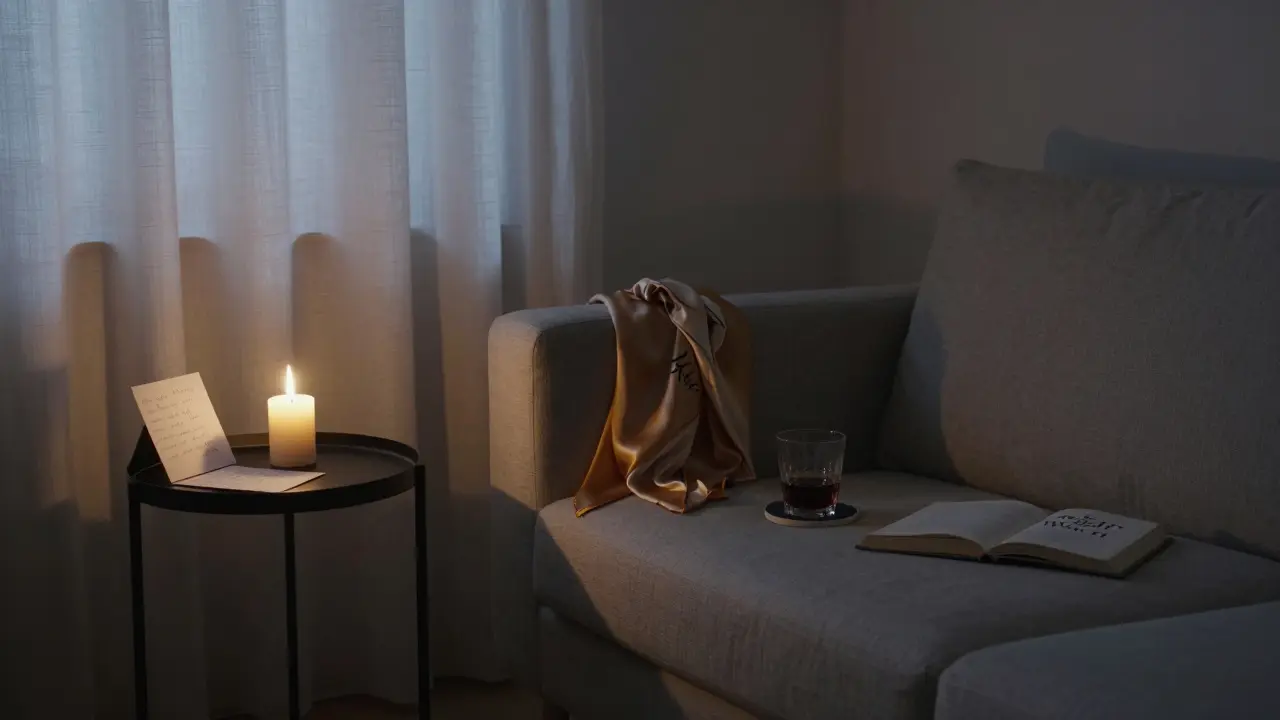 An empty Milan apartment room with a candle, handwritten note, and open book, conveying quiet intimacy and reflection.