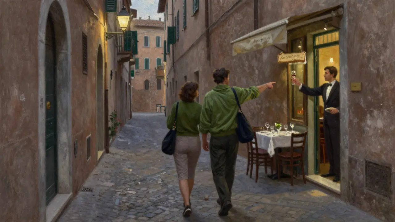 An escort points to a hidden restaurant in Trastevere as dusk falls over cobblestone streets.