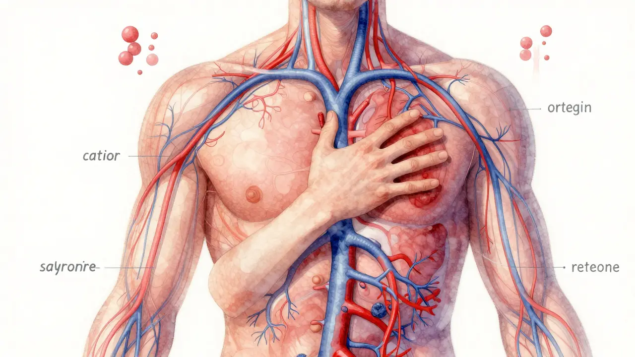 Anatomical illustration showing blood and lymph flow during massage, with color-coded pathways and stress-reducing symbols.