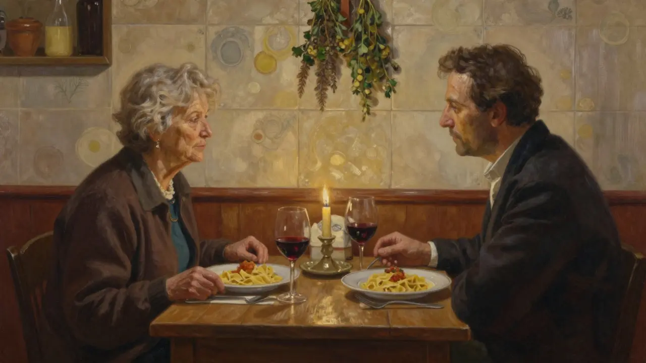 Candlelit dinner in a quiet Roman trattoria, two people sitting in peaceful silence over carbonara.