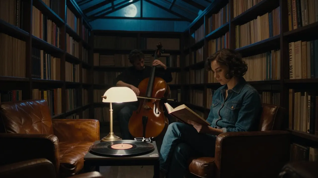 Cozy library nook in Club Milano with leather chairs, a vintage record playing, and soft moonlight through steel beams.