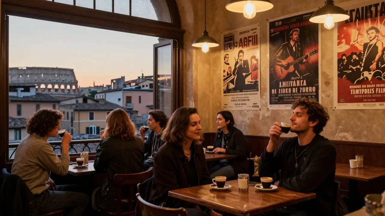 Early morning café in Rome with club-goers sipping espresso, walls covered in concert posters, dawn light creeping in.