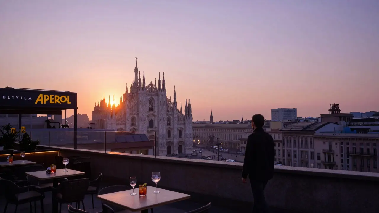 Empty Milan rooftops at dawn, Duomo in distance, quiet skyline bathed in soft pastel light after a night out.