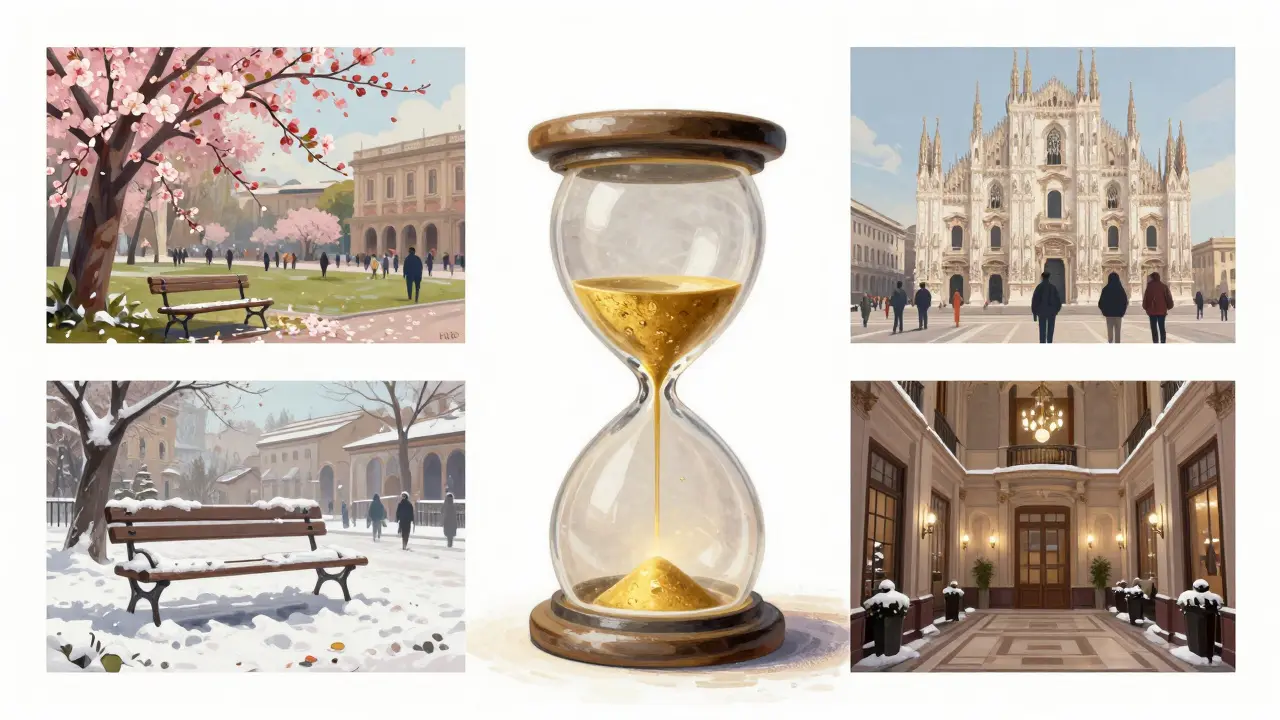 Four seasonal scenes around a glowing hourglass marked 6–10 PM, symbolizing Milan’s ideal escort timing.