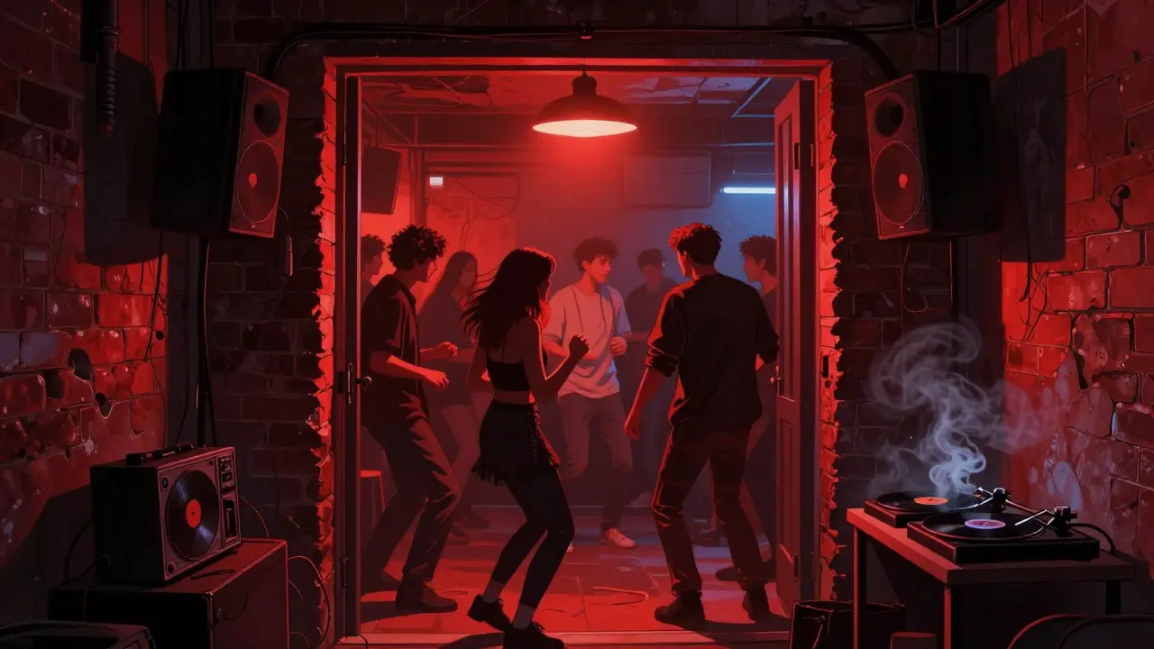 Hidden underground party in Lambrate with neon alleyway entrance, crowd dancing to live punk, dim red lighting and exposed brick.