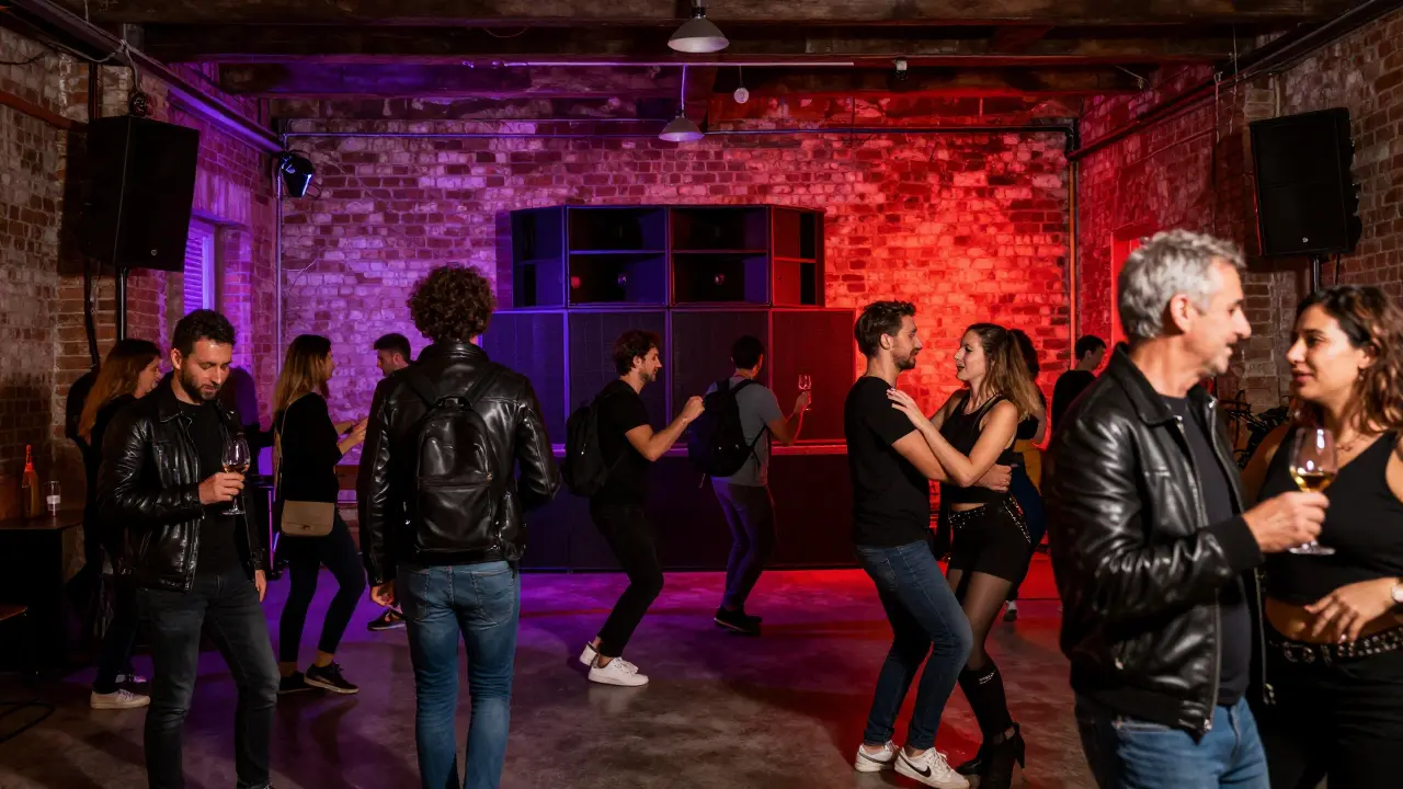 Industrial warehouse in Testaccio filled with diverse crowd dancing under red and purple lights, speakers vibrating with bass.