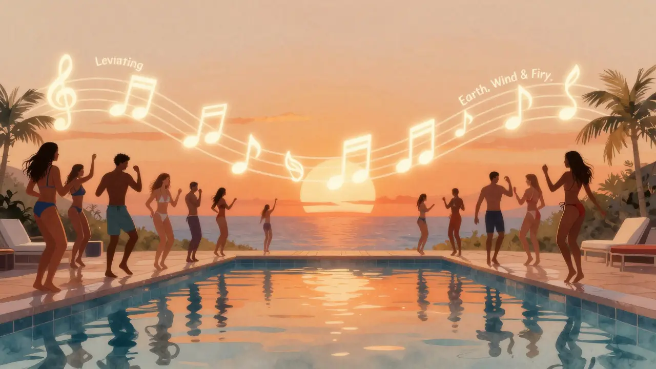 Musical notes floating above a sunset pool, silhouettes of people dancing on wet tiles.
