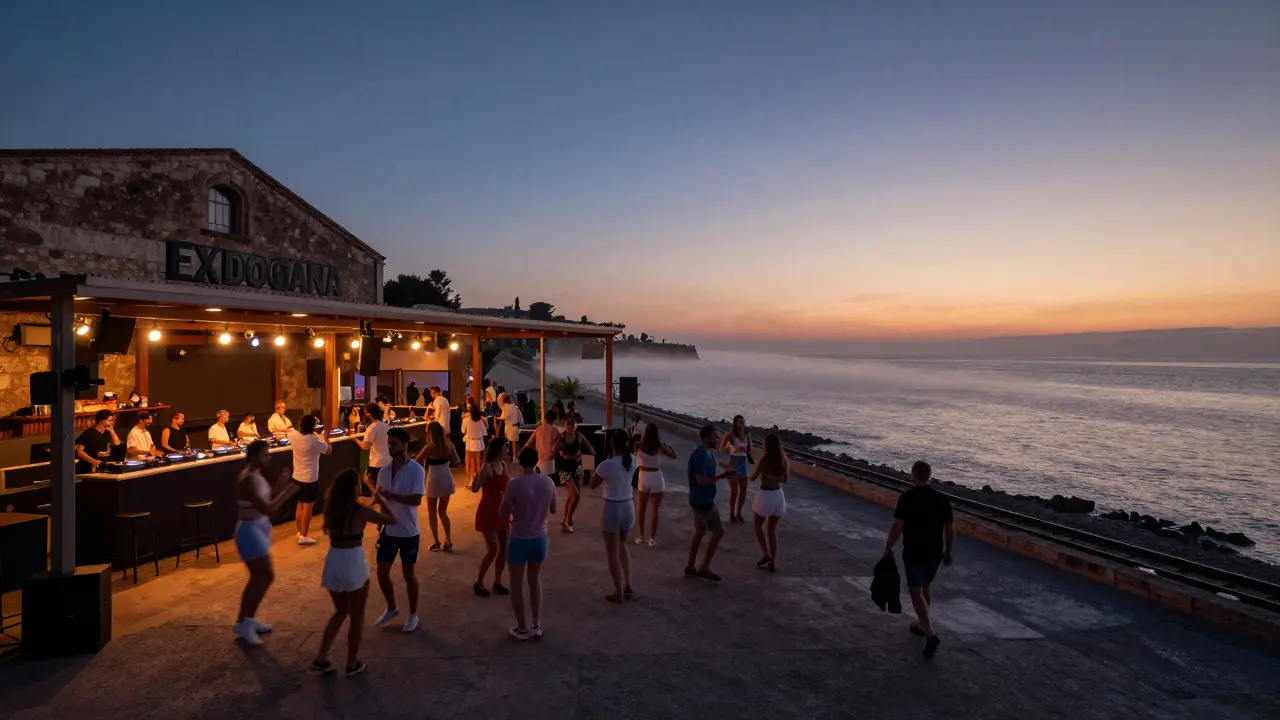 Open-air club by the sea in Ostia at sunrise, silhouettes dancing as fog rolls in from the Tyrrhenian Ocean.