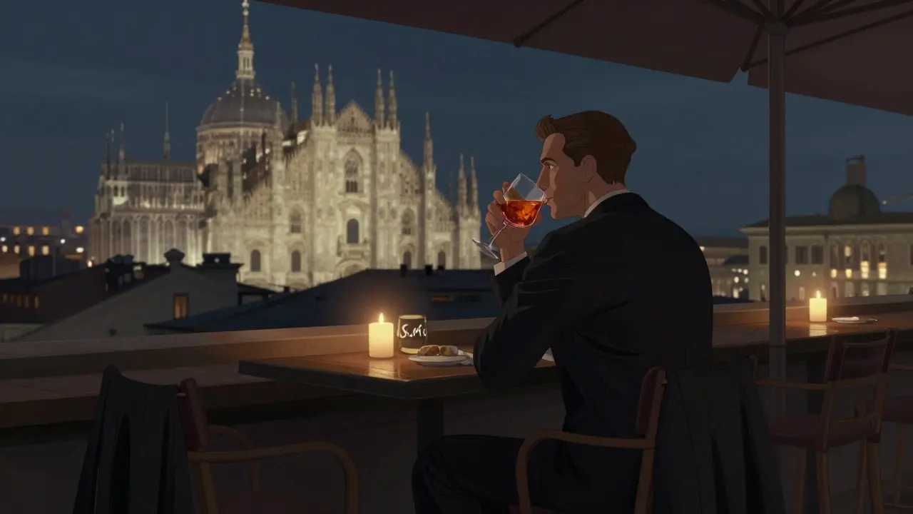 Person at a rooftop bar in Brera at night, Duomo glowing softly in distance, candlelit table nearby.