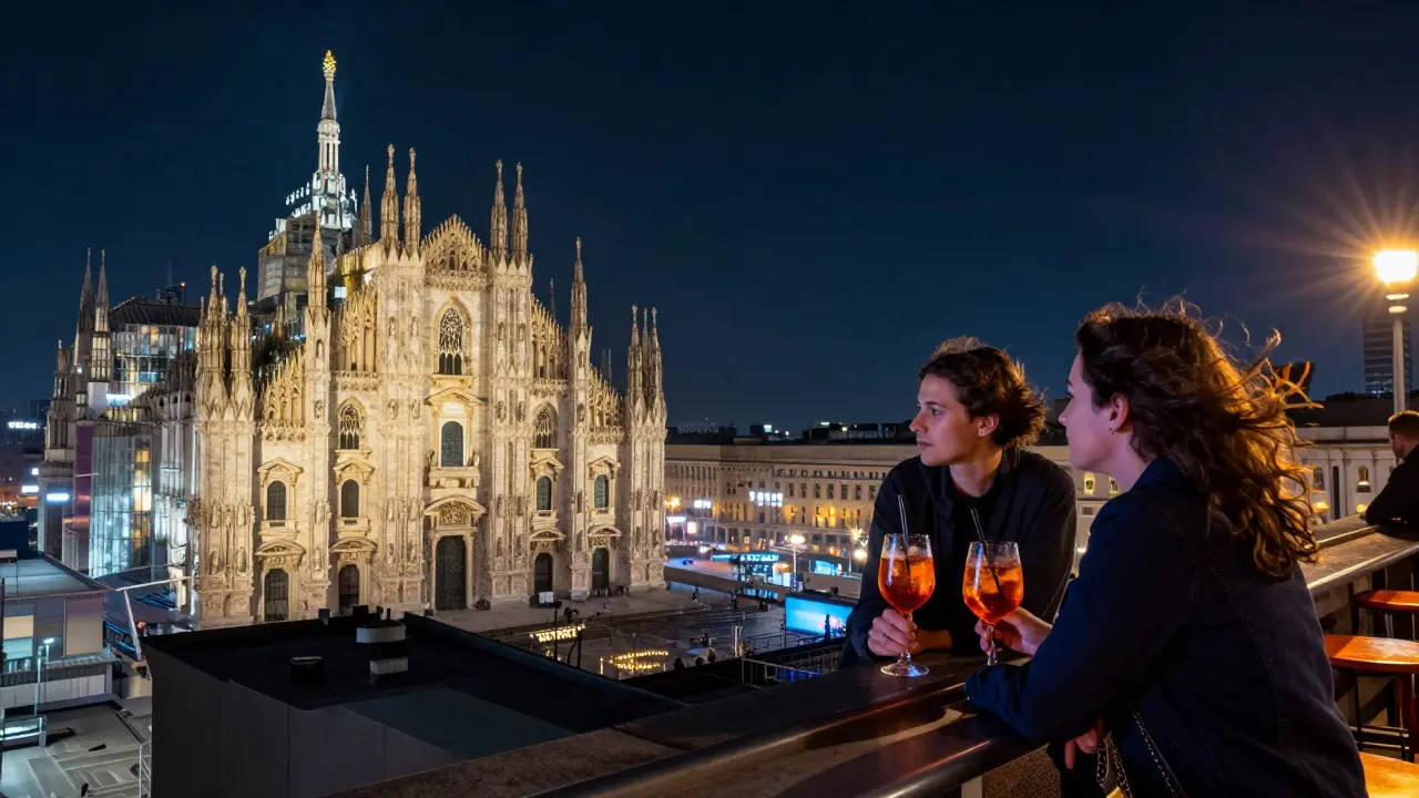 Rooftop view of Milan at night with city lights and two people sharing a quiet moment.