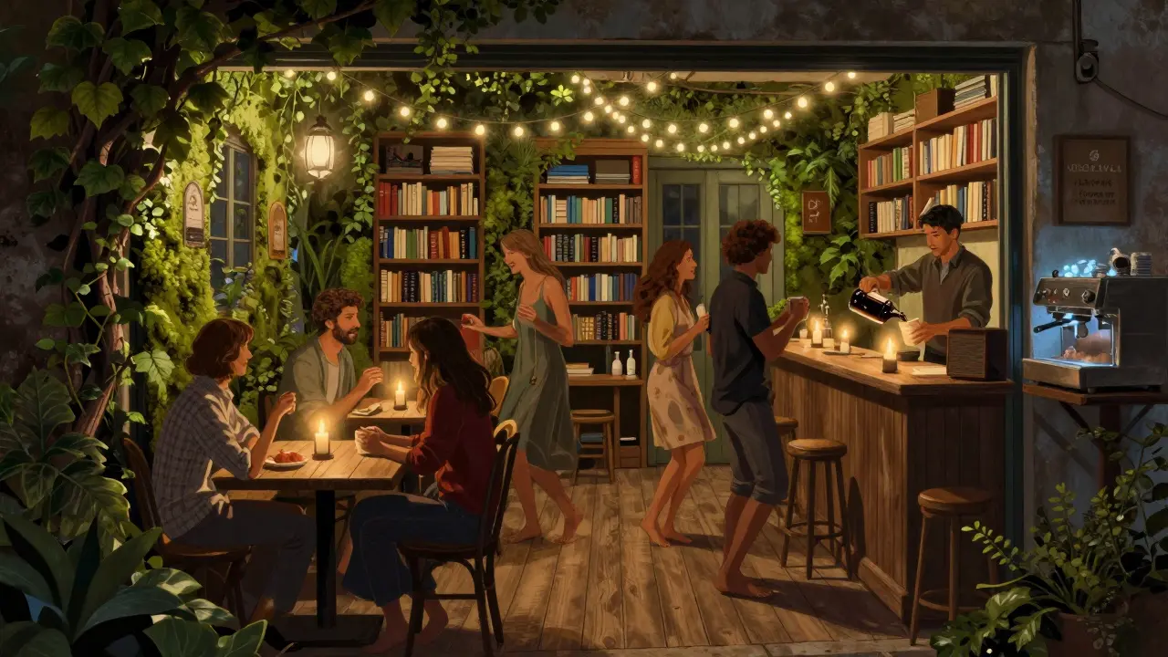 Secret garden club behind a bookshop in Trastevere, lit by candles and string lights, people drinking wine from ceramic cups.