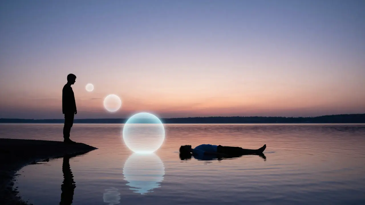 Silhouette releasing glowing orbs into a calm lake at dawn, symbolizing stress release and inner renewal.