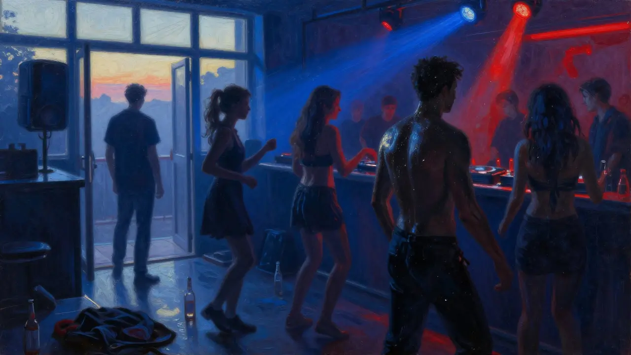 Silhouettes dancing in a Berlin techno club at dawn, strobing lights, one figure being turned away near the entrance.