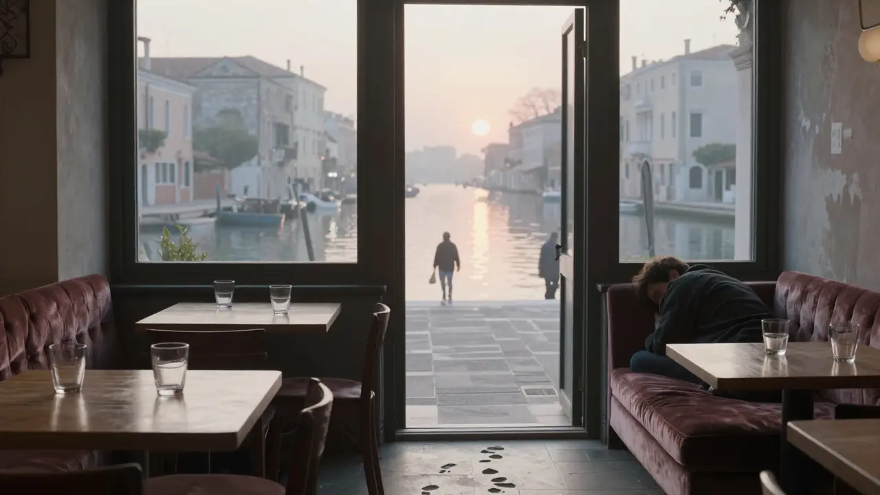 Sunrise over the Navigli canal as empty glasses and a sleeping figure remain inside the quiet, abandoned nightclub.