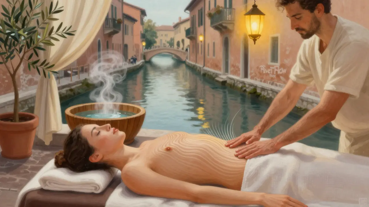 Therapist performing a rhythmic massage inspired by canal movements in Navigli.