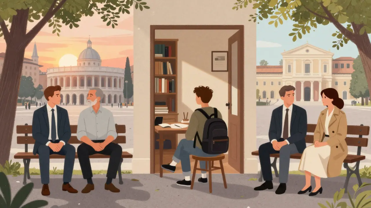 Three different clients share calm, meaningful moments with companions across Rome's quiet spaces.