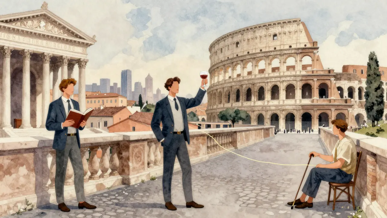 Three symbolic figures representing cultural, social, and quiet companionship in Rome’s iconic settings.