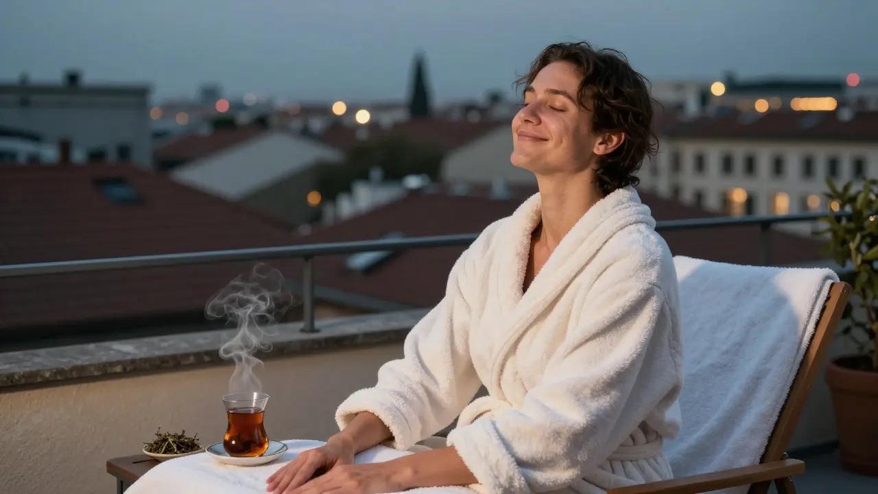 Traveler relaxing on a terrace after massage, tea nearby, city lights glowing at dusk.