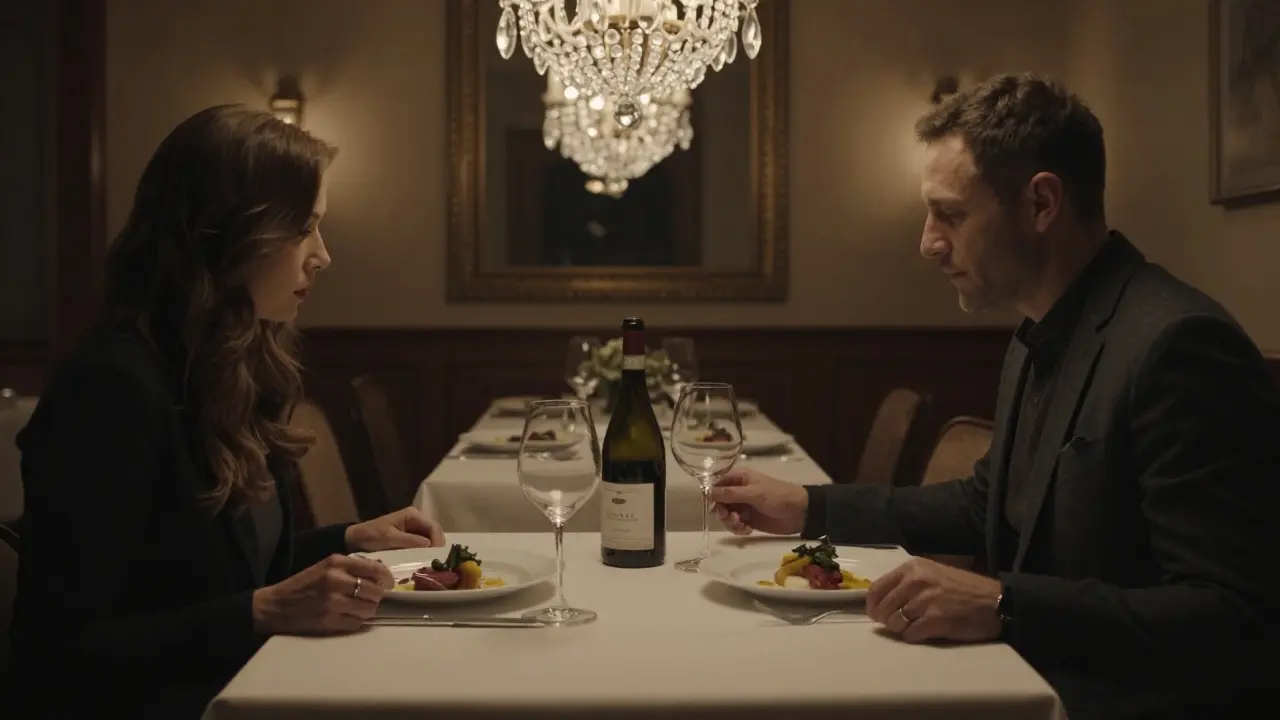 Two people sharing a quiet dinner in an elegant Milan restaurant, bathed in warm candlelight.