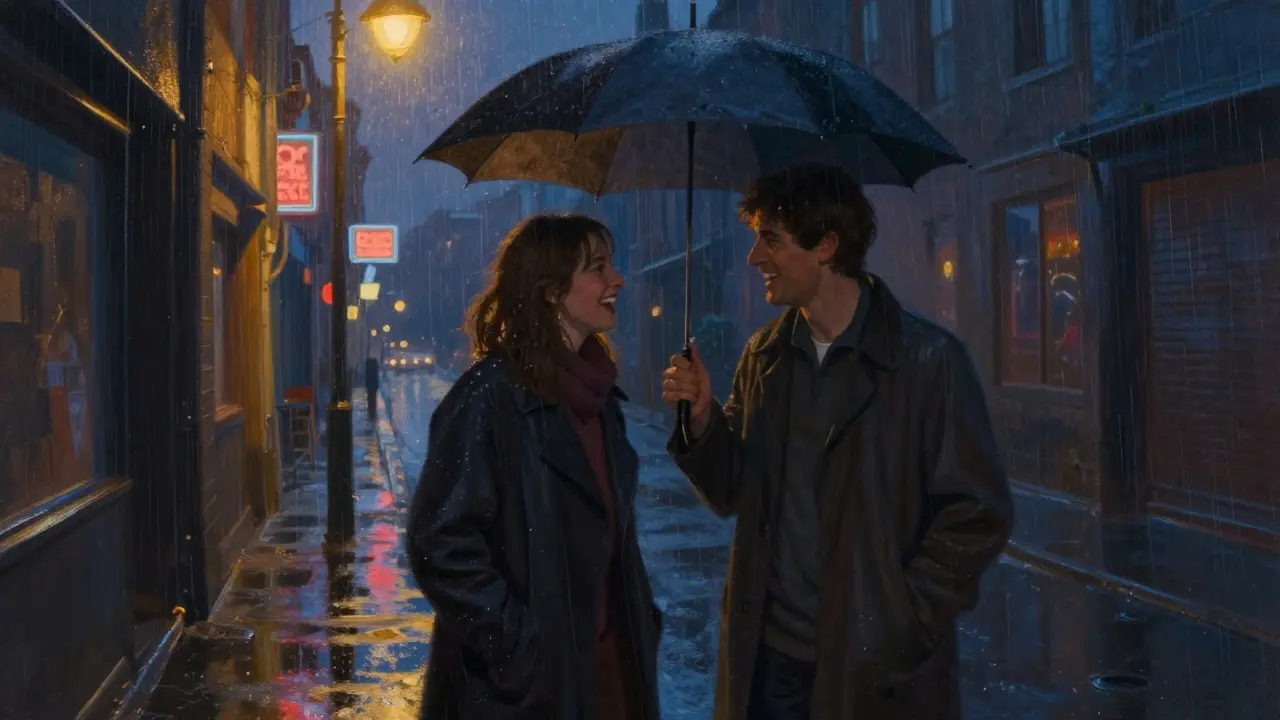 Two strangers sharing an umbrella in a rainy city alley at night, caught in a moment of quiet connection.
