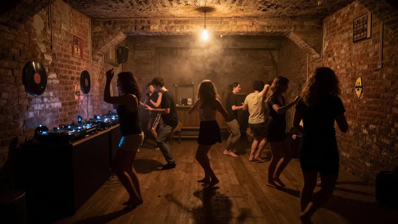 Underground club in Isola with dancers moving to deep house music in dim amber light.