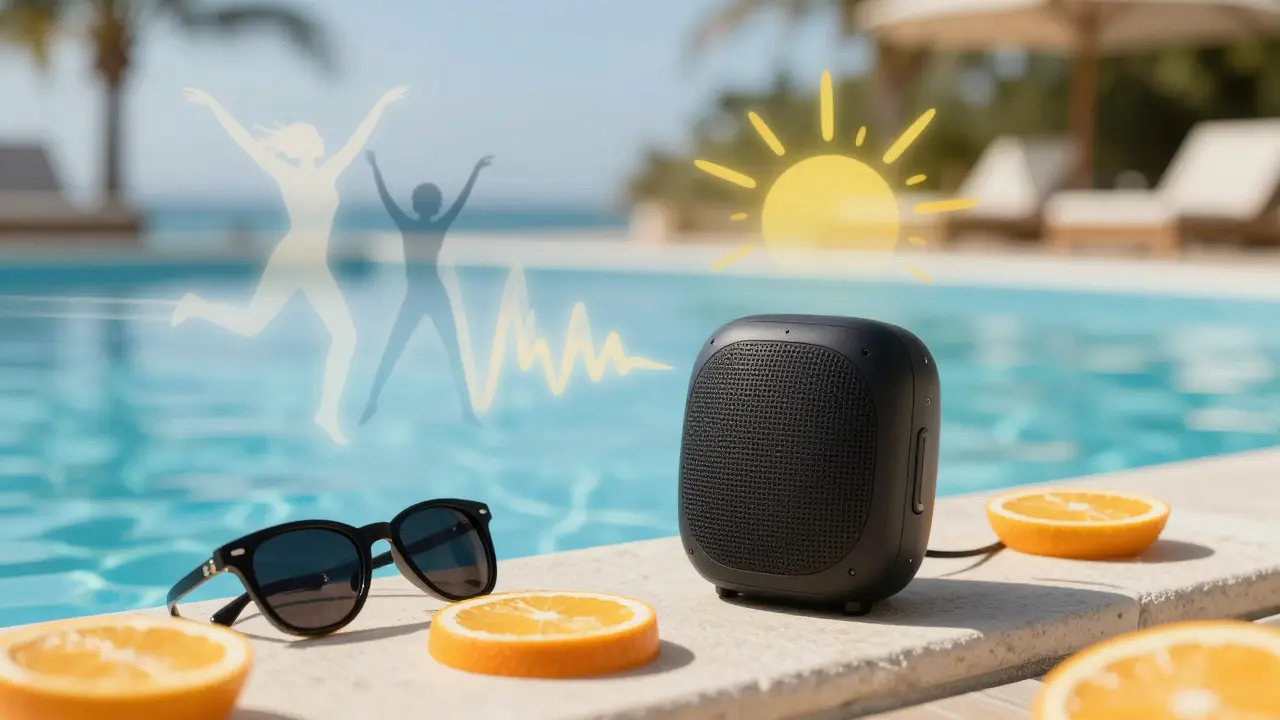 Waterproof speaker with citrus slices floating nearby, sound waves turning into dancing shapes.