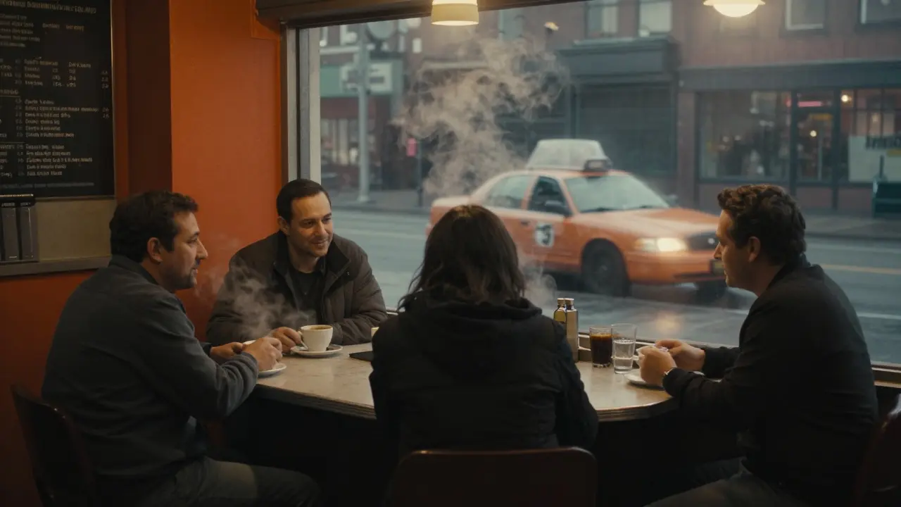 A 3 a.m. diner with regulars at the counter, steam rising from coffee, quiet and intimate.