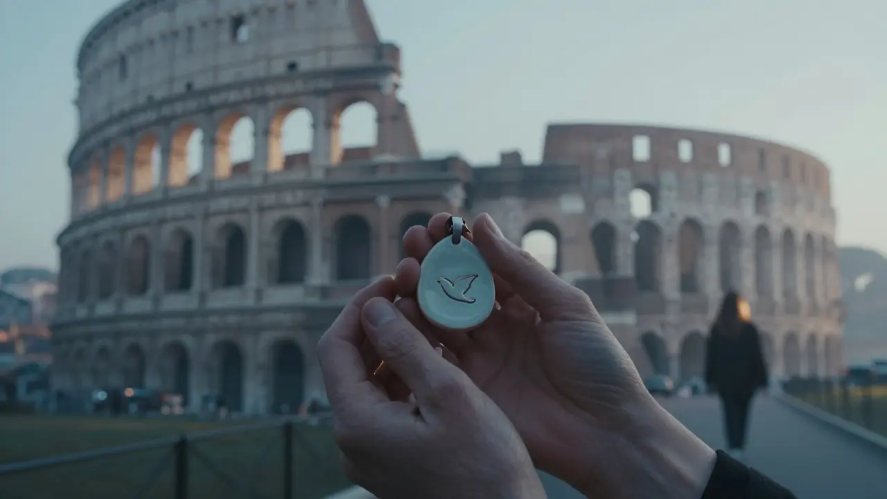 A client holds a handmade ceramic pendant as dawn light touches the Colosseum, mist rising around ancient ruins.