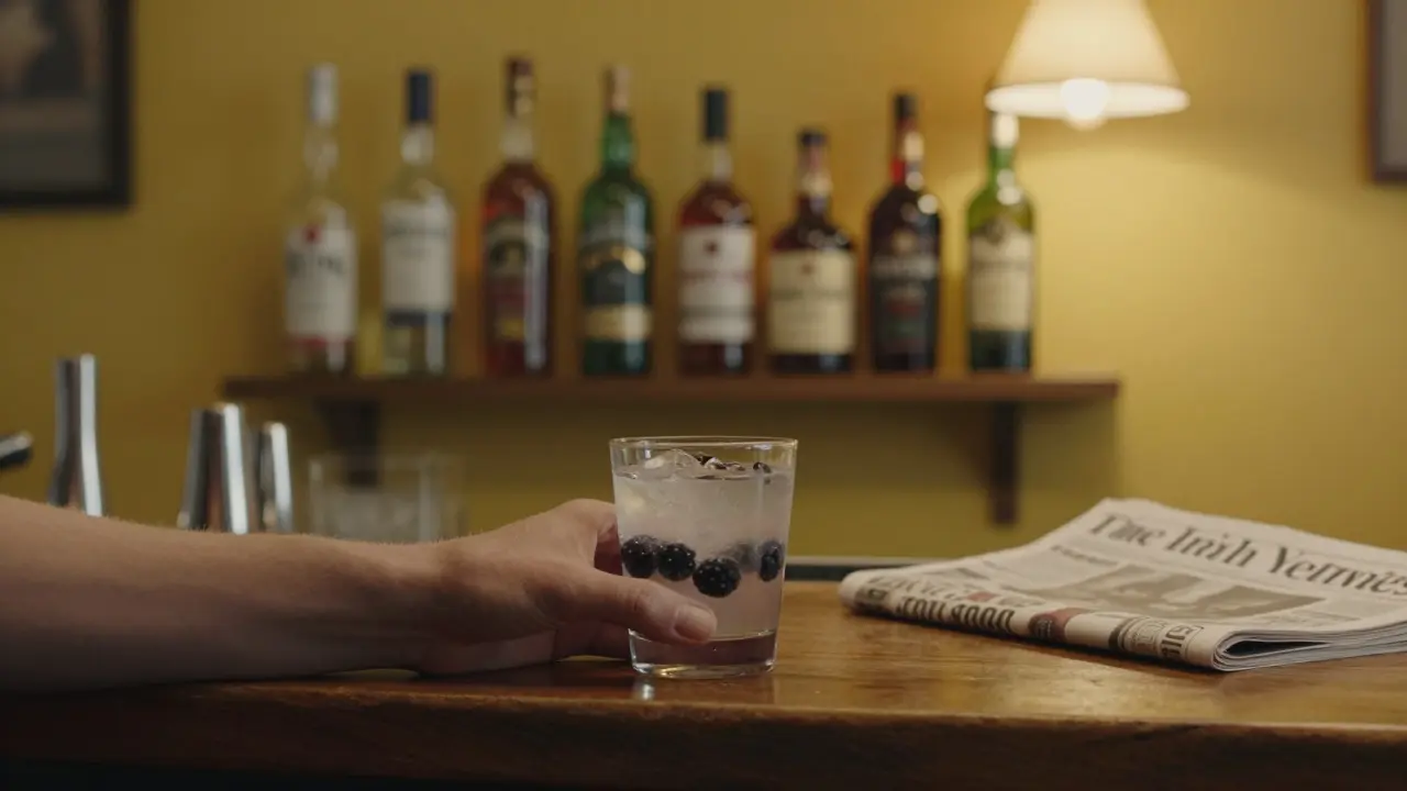 A hand holding a glass of gin sour with blackberries on a wooden bar counter, surrounded by simple Irish spirits.