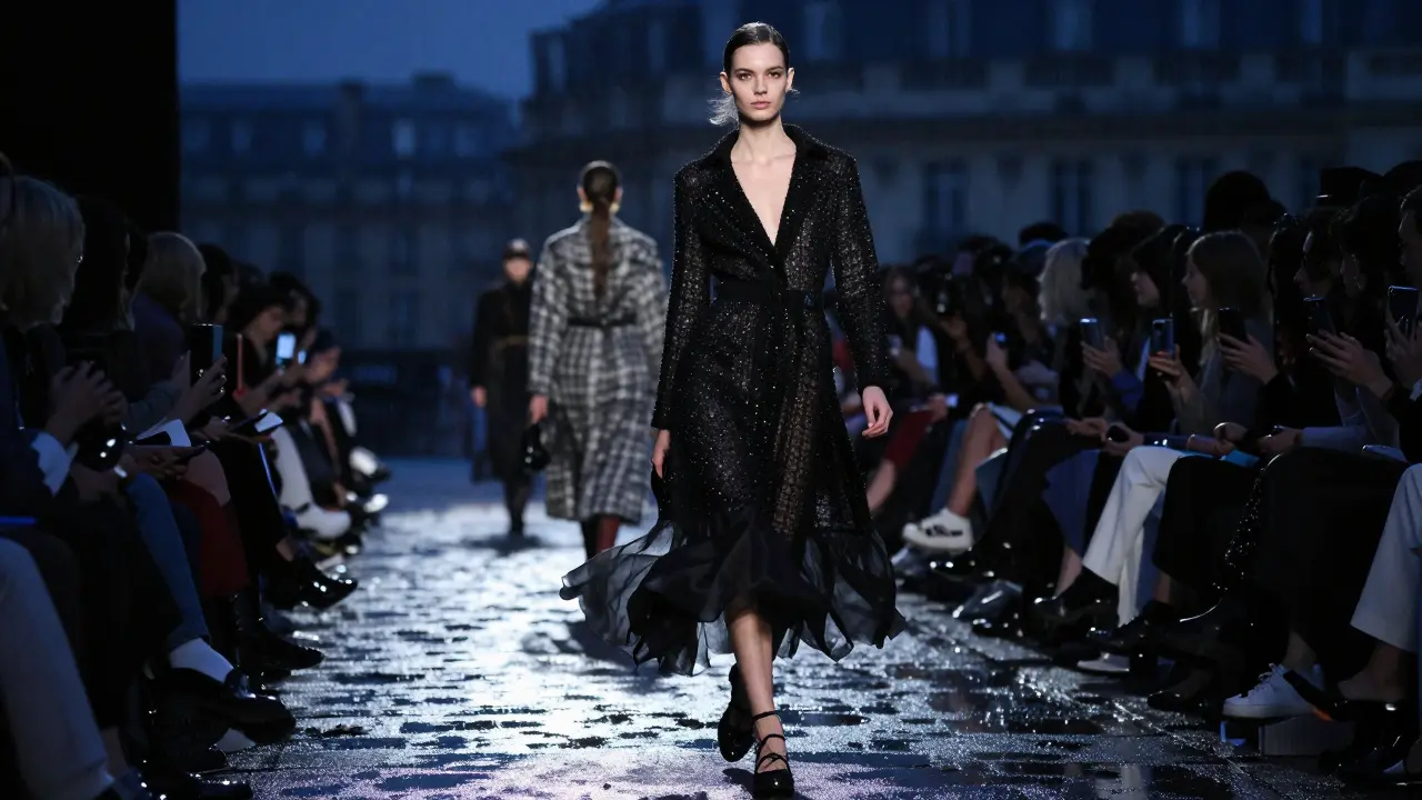 A model walking a rainy Paris runway in Chanel couture, audience blurred, twilight lighting reflecting off wet pavement.