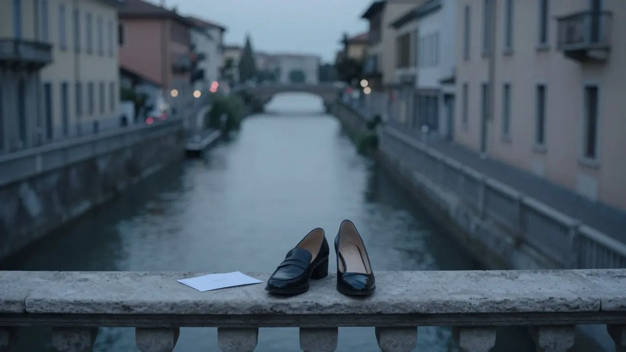 A pair of shoes and a folded letter on a Milan balcony at dawn, symbolizing quiet, dignified connection.