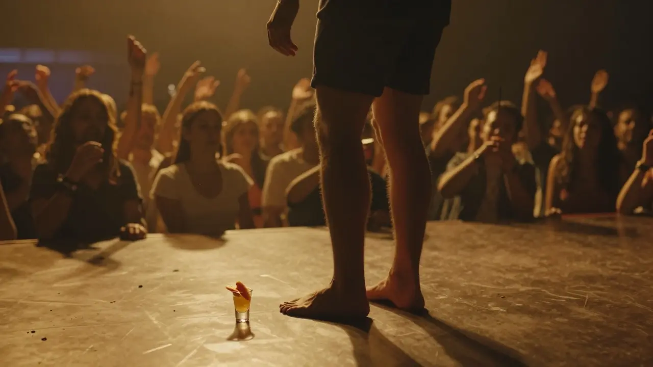 A person holding a free shot at 1:30 AM in a nightclub, crowd dancing silently in unison, incense swirling in warm golden light.