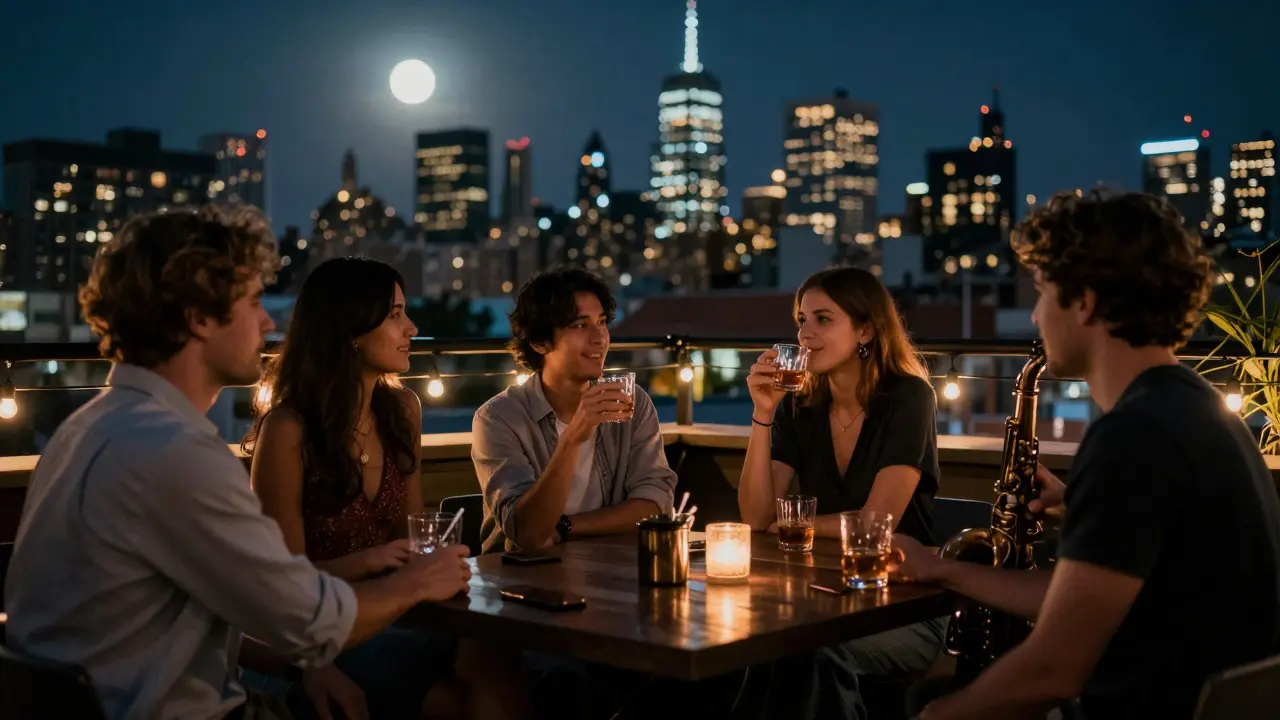 A rooftop lounge at dawn with friends laughing softly under string lights and city views.