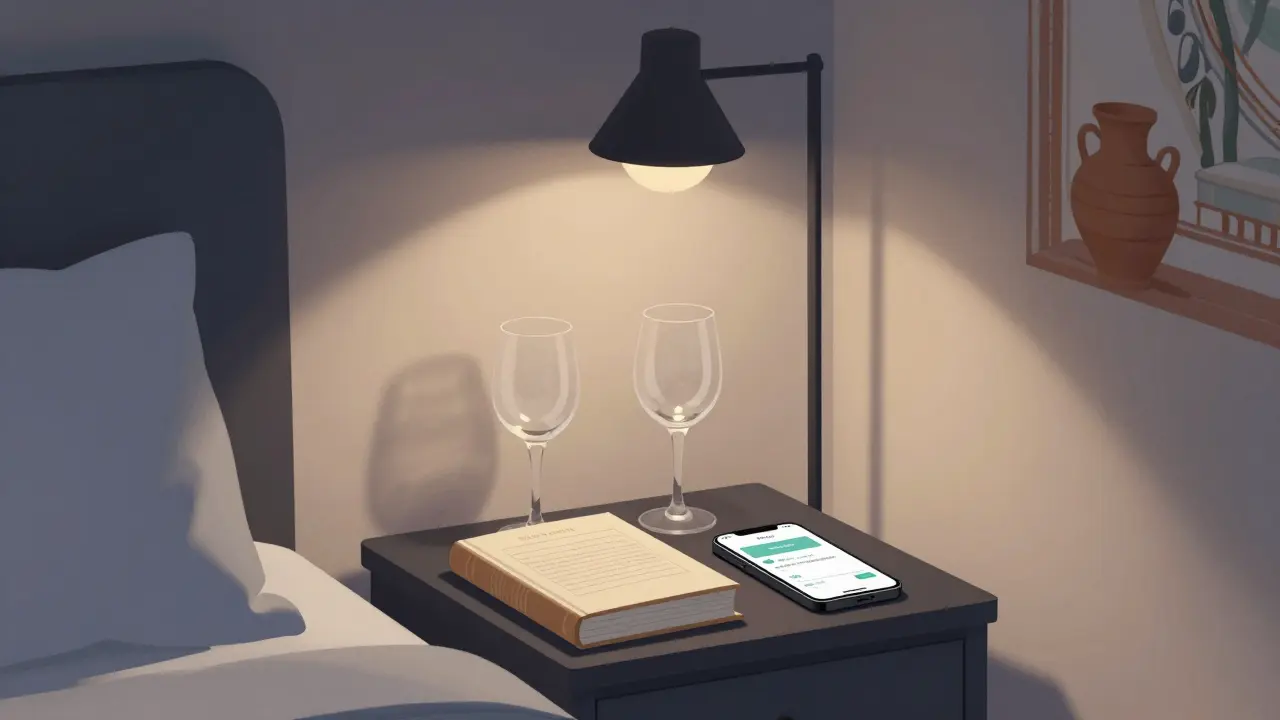 A serene hotel room in Rome with wine glasses and a book on Roman history, suggesting a respectful, non-intimate encounter.