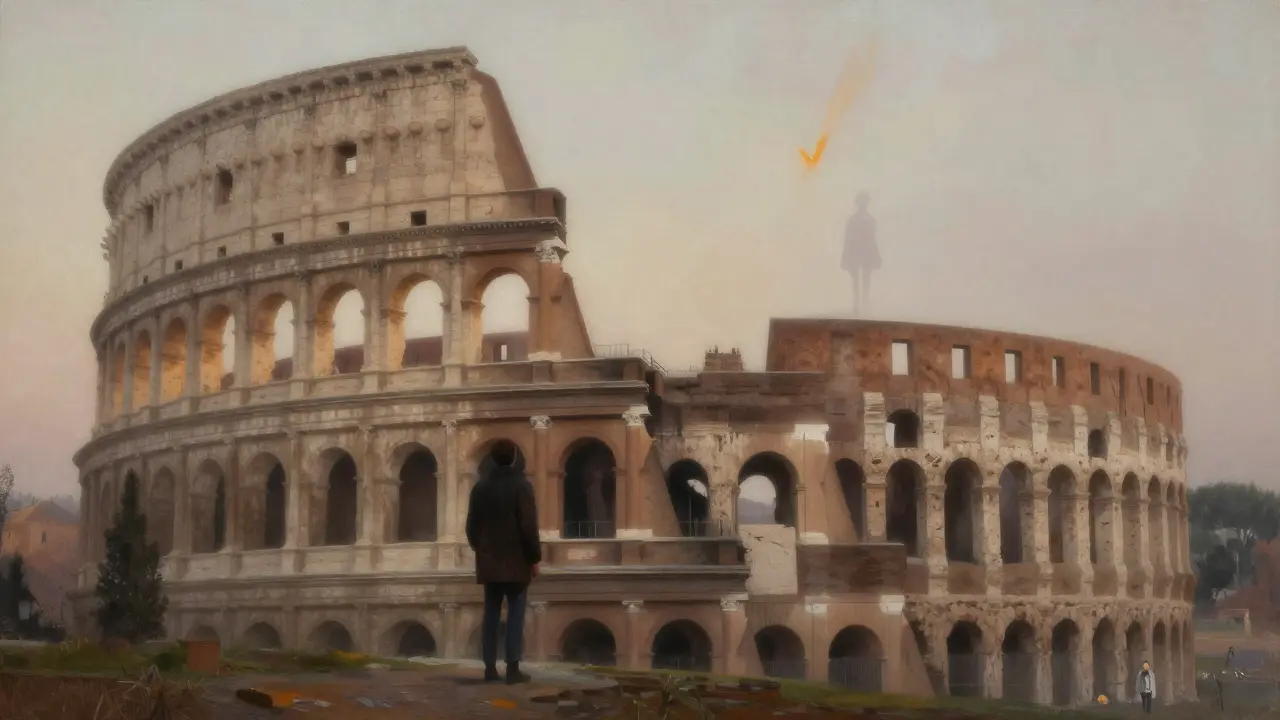 A solitary figure at the Colosseum at dawn, looking toward a distant person leaving, symbolizing a meaningful but transient human connection.