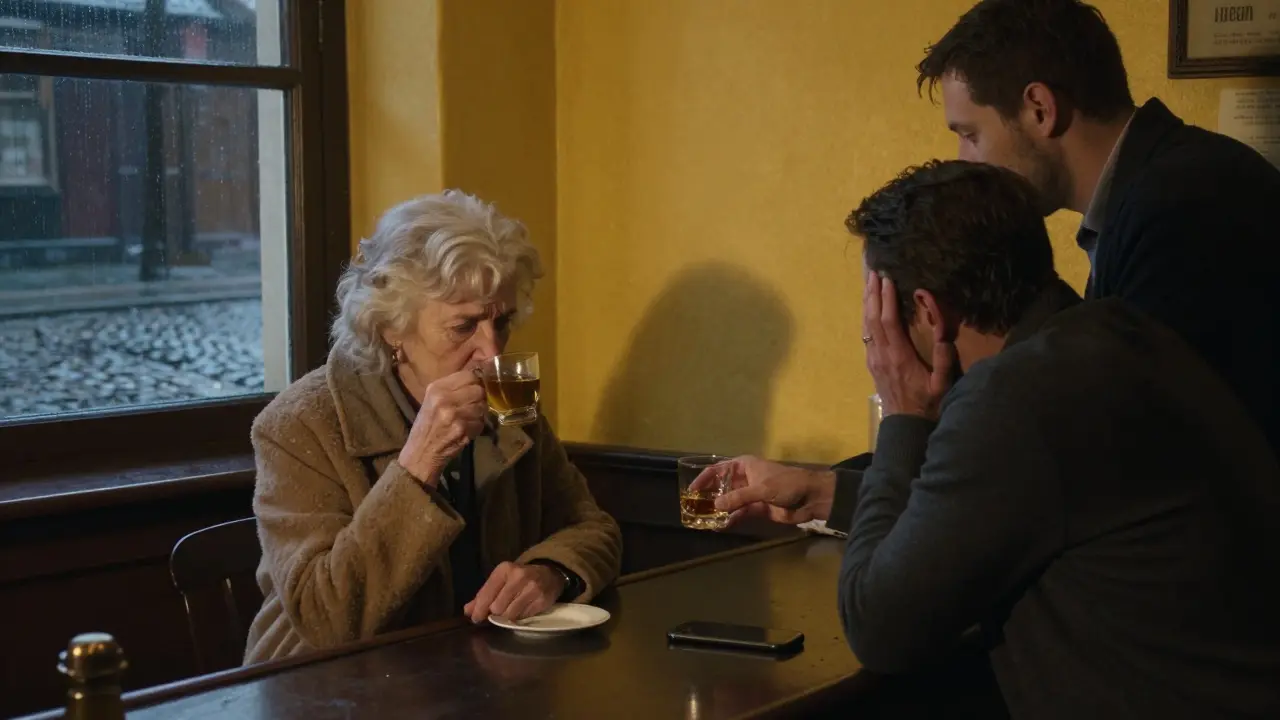 An elderly woman and a man at a bar at midnight, sharing a quiet moment as the bartender offers a drink in silence.
