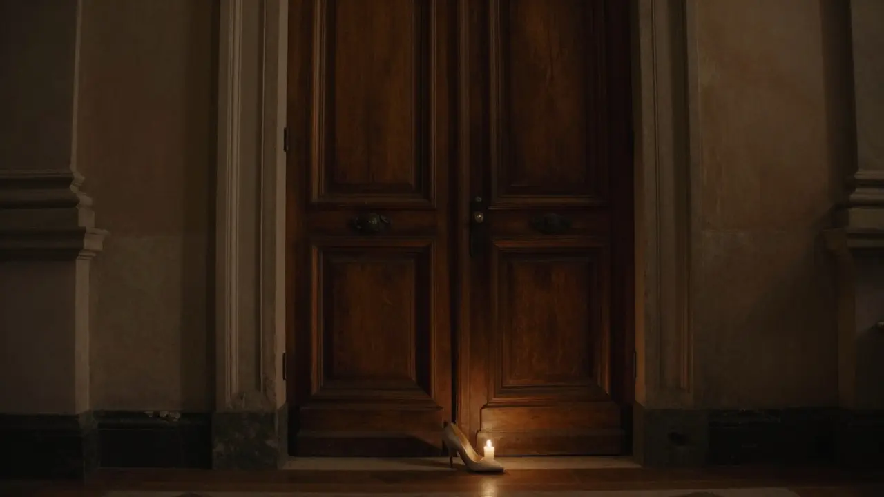 An ornate Milanese door slightly open, a single high heel outside, candlelight glowing within.