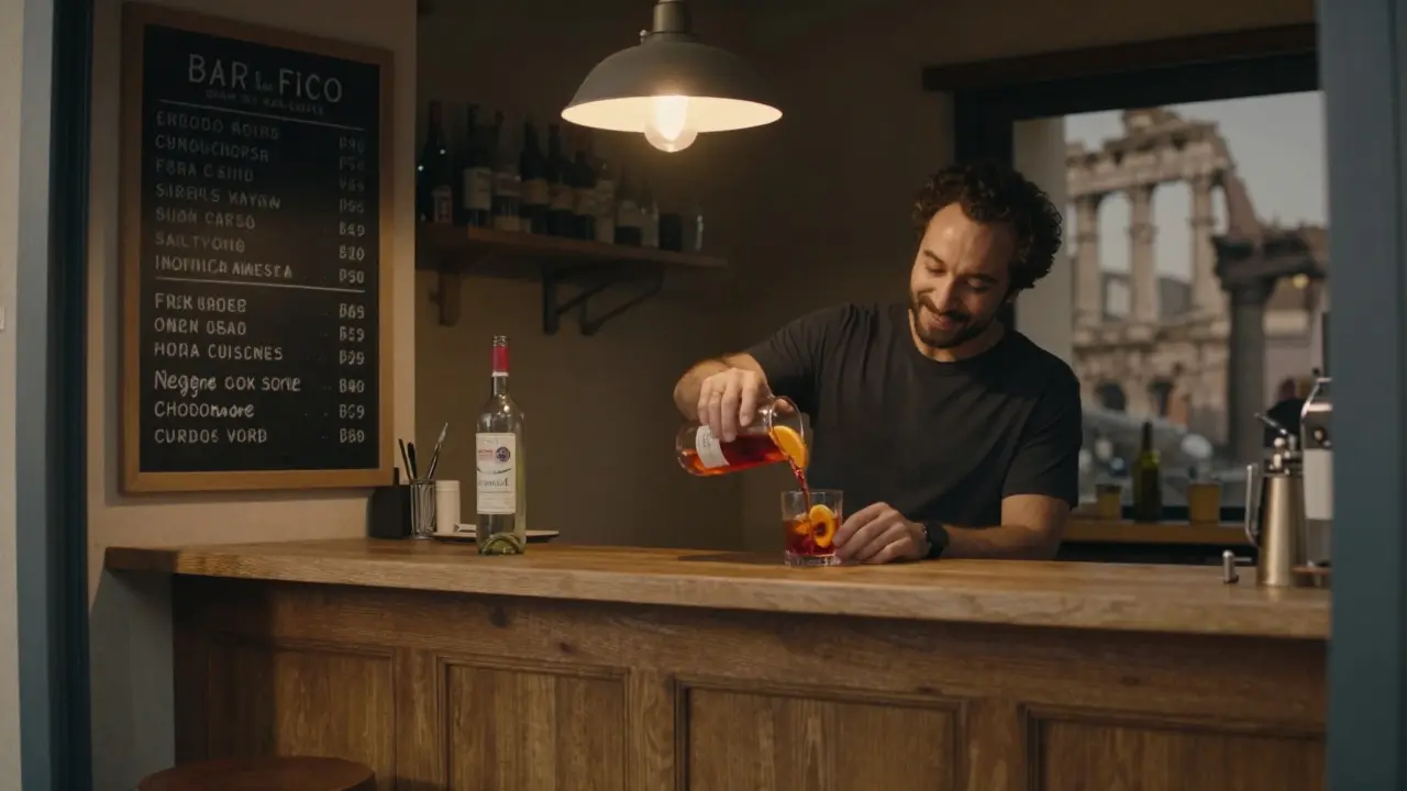 Bar del Fico at night, bartender pouring a Negroni with a smile, warm light on a half-empty bottle of local wine.