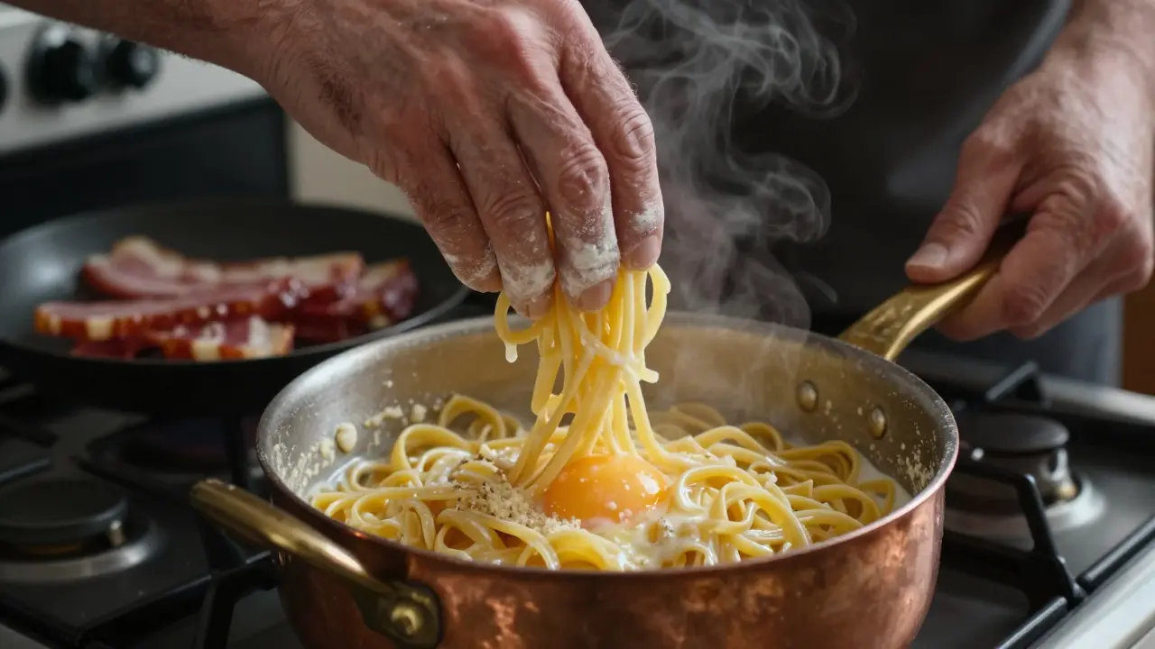 Close-up of hands tossing bucatini into a creamy carbonara sauce in a copper pot, steam rising.