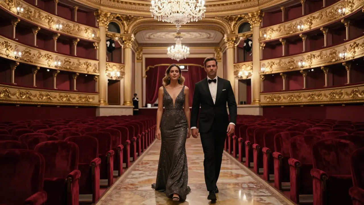 Couple entering Teatro dell'Opera in formal attire with opulent interior lighting.