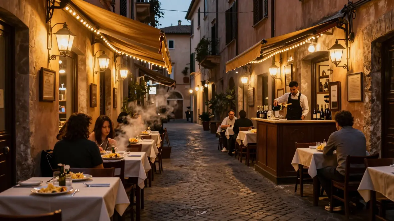 Cozy Trastevere alley at night with string lights, food steam rising, and a bartender pouring wine in a tiny bar.